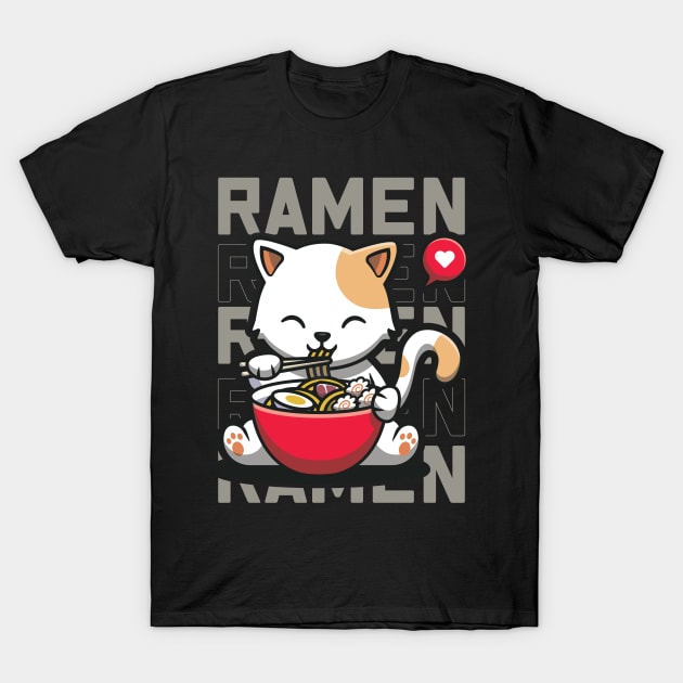 Eating Ramen Cute Noodles, Kawaii Kittie Eating Japanese Noodle T-Shirt by laverdeden